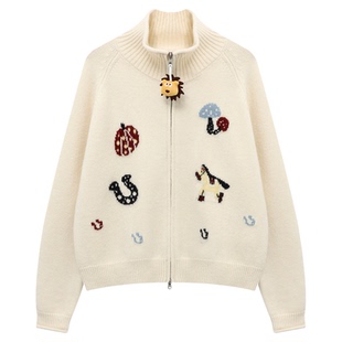 Basic House/百家好米白色卡通立领拉链毛衣女2026春减龄针织开衫