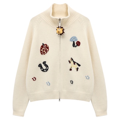 Basic House/百家好米白色卡通立领拉链毛衣女2026春减龄针织开衫