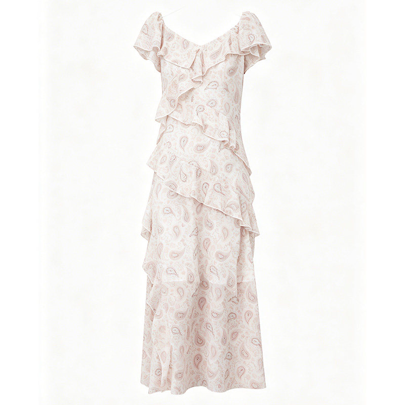 MOUSSY 2026夏季新品法式复古风腰果花荷叶边连衣裙028JSB33-1022