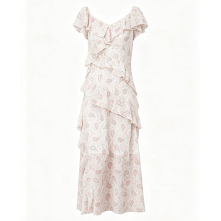MOUSSY 2026夏季新品法式复古风腰果花荷叶边连衣裙028JSB33-1022