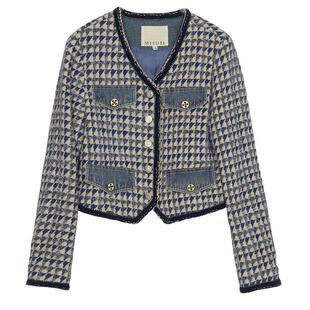 谜底短款呢子外套女春季新款小香风V领格纹修身毛呢241MW0111