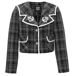 Vero Moda奥莱短外套女秋冬清仓航海风H版型翻领格纹短款上衣流行