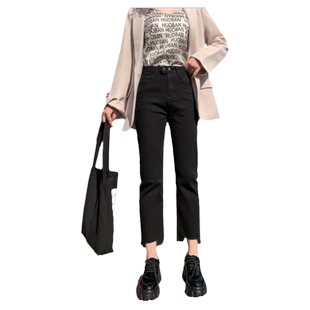 高腰显瘦烟管牛仔裤女九分裤ins直筒宽松阔腿春秋港味裤子小个子