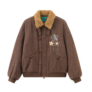 江南先生NewJNXS含羊毛千鸟格翻领拼接保暖外套贴布绣宽松棉服冬