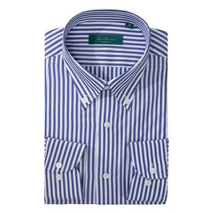 ANOS/亚诺司湖蓝色条纹扣领衬衫职业上班全棉商务修身男休闲衬衣