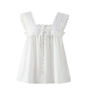 Eland衣恋衬衫女单排扣无袖蕾丝花边胸前系带上衣2025夏季新款