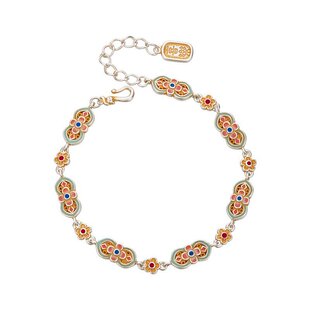 足银9999描金繁花似锦手链女纯银新中式国风珐琅花朵手串新年礼物