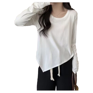 下摆不规则内搭德绒打底衫女秋冬宽松加绒保暖长袖T恤上衣ins潮