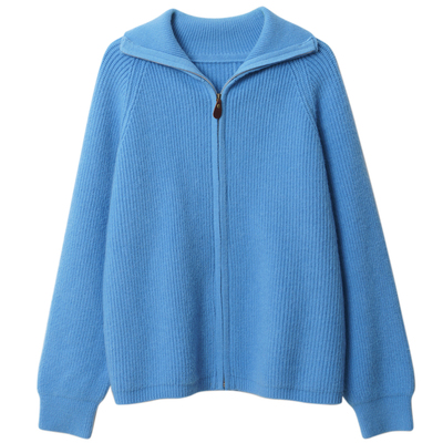 蓝色拉链针织开衫外套