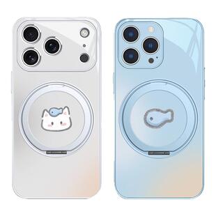 情侣款手机壳适用苹果17promax磁吸自带支架16pro指环扣15plus猫咪14鱼13秀恩爱12简约玻璃套MagSafe无线充电