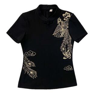 浒城古娘新款精致刺绣气质时尚百搭祥凤短袖中式国风T恤上衣女夏