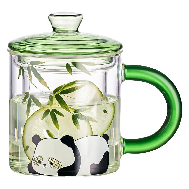 熊猫茶杯茶水分离水杯带把杯子
