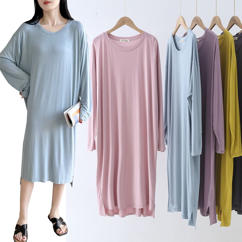 夏季韩版新款莫代尔长袖连衣裙薄款睡衣女开叉宽松大码过膝长睡裙