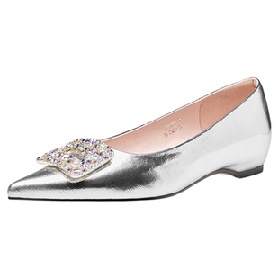 色非银色尖头内增高单鞋女2026新款春季法式浅口方扣水钻通勤瓢鞋