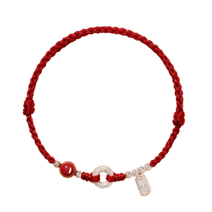 本命年红手绳纯银平安扣朱砂脚链编织绳官方旗舰店马年红绳手链女