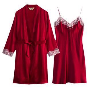 美标婚庆真丝睡衣两件套晨袍女春夏本命年红色睡袍性感睡裙家居服