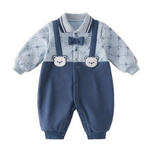 婴儿加绒哈衣秋冬新生儿假两件爬服绅士冬季衣服男宝宝连体衣冬装