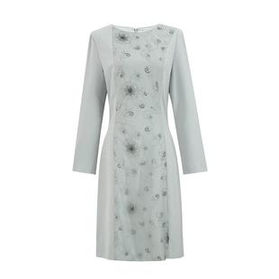 马天奴夏季新款女绿色绣花网纱连衣裙长袖洋气时尚中长裙子礼服