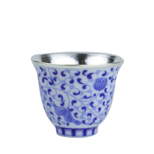 纯银时代 手绘青花瓷包银杯999足银主人杯个人杯景德镇青花茶杯