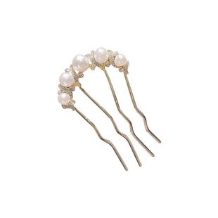 u型发簪珍珠发夹丸子头盘发固定神器发梳四齿插梳发钗簪子头饰女