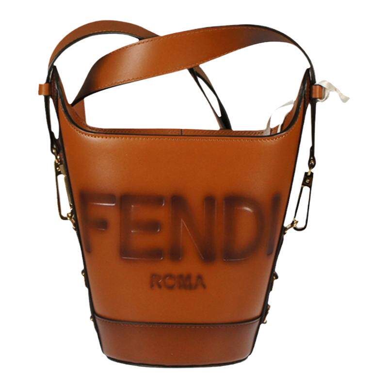 FENDI/芬迪女士咖色字母压印图案复古单肩斜跨水桶包8BT348