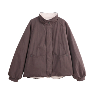 花吉C113灰色韩版复古90白鸭绒两面穿撞色立领羽绒服女2025新款冬