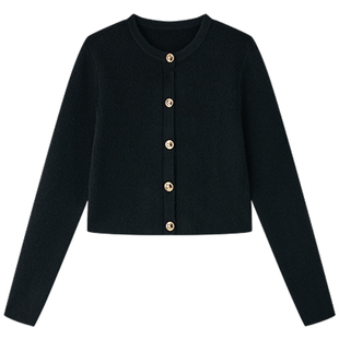 Halo Luu 黑色针织开衫外套女春季新款毛衣金扣气质修身短款上衣