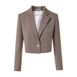 朗姿/LIME莱茵复古千鸟格纹西服套装翻领短西装高腰直筒裙&西裤