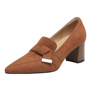 星期六法式羊皮复古尖头乐福鞋女秋季新款软底百搭皮鞋粗跟通勤鞋