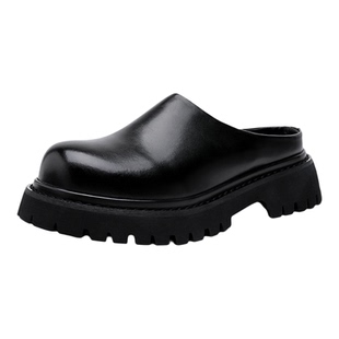 包头皮拖鞋男真皮一脚蹬半托鞋黑色外穿大头懒人鞋厚底增高勃肯鞋