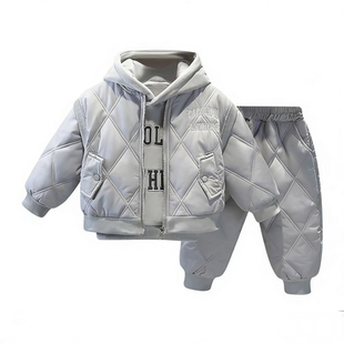 男童冬装休闲连帽卫衣宝宝时髦棉服套装秋冬加绒保暖三件套外出服