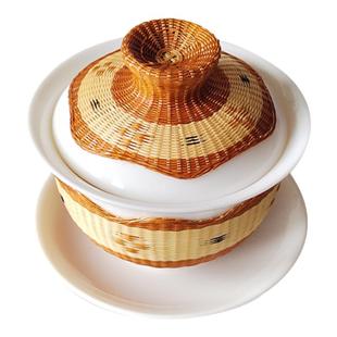 竹丝扣瓷茶具盖碗瓷胎竹编手工茶具盖碗礼盒装三才盖碗四川非遗