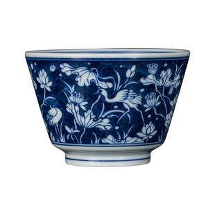 钟家窑功夫茶杯 景德镇柴窑青花手绘一路连科茶杯个人专用马蹄杯