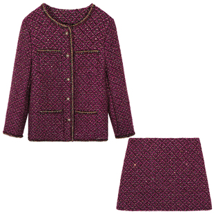 落落狷介独特漂亮一整套冬装小香风套装两件套羽绒毛呢外套半身裙