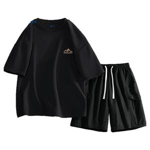 回力男士套装黑色简约高级感一套男生夏季薄款透气运动衣服男款D
