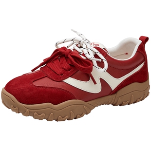 欧阳娣娣明星同款百田森德训鞋女2026新款红色巨好看休闲鞋小个子