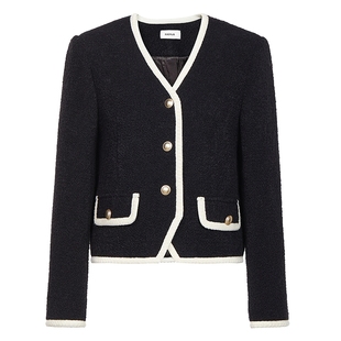 FIVE PLUS小香风外套女上衣V领法式小圈圈肌理羊毛短款外套百搭冬