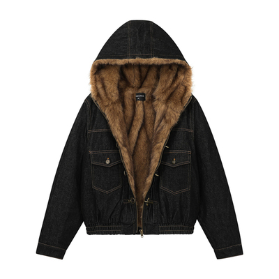 复古龙虾扣座山雕毛加厚连帽棉衣