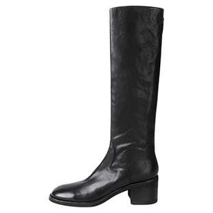 星期六高跟长筒靴女2025秋冬圆头粗跟全真皮骑士靴显瘦不过膝长靴