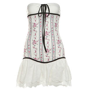 怪诞女孩 甜辣风复古碎花系带抹胸连衣裙女 修身掐腰层次感蓬蓬裙