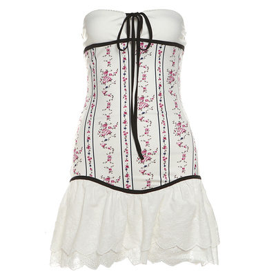 甜辣风复古碎花系带抹胸连衣裙女