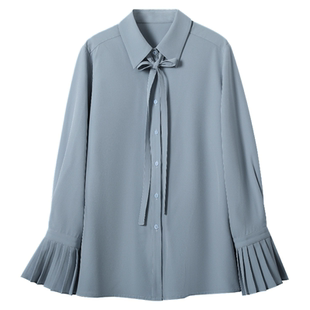达佳诗蓝色衬衫女法式蝴蝶结通勤长袖上衣职业面试职场穿搭衬衣