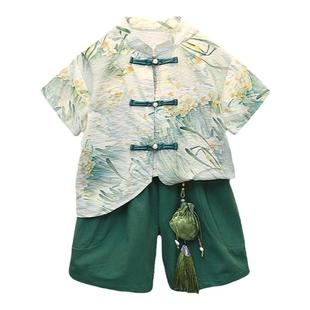 男童夏季汉服短袖套装古装新款男宝宝复古薄款短袖两件套儿童唐装