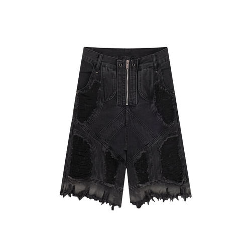 大码美式vibe设计感破洞牛仔七分裤男女街头风重工解构宽松短裤潮