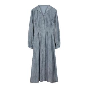 solighter 法式复古天丝v领收腰连衣裙女春季2025新款长袖长裙子