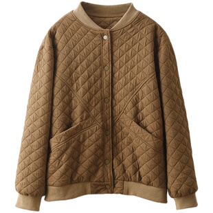 园园美衣时尚菱格外套女螺纹立领长袖棒球服宽松百搭全棉外搭开衫