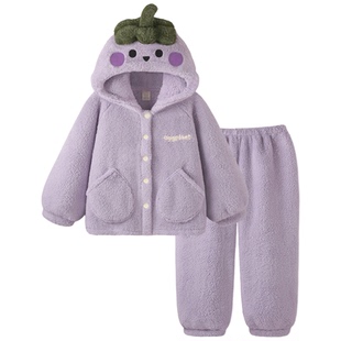 睡衣秋冬新款可爱紫色茄子加厚保暖珊瑚绒冬季套装可外穿家居服女