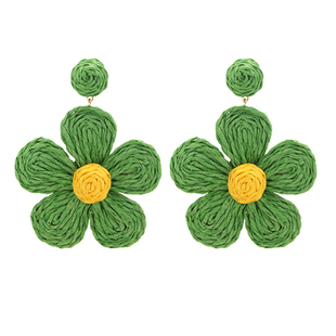 绿色拉菲草绳手工编织花朵耳环度假时尚百搭纯银耳钉无洞耳夹耳饰
