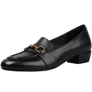 原野Yuanye●桂花酒酿！真皮复古金属扣乐福鞋女圆头中跟粗跟单鞋