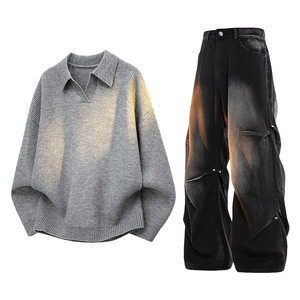 Wassup Hello国潮美式polo衫毛衣休闲运动套装男款秋季新款宽松休闲针织衫两件套潮